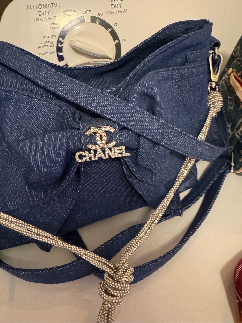 Chanel Denim Shoulder Bag with Crystal CC Logo - Navy